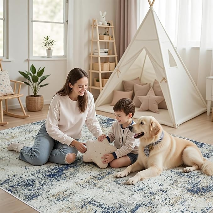 Area Rug Living Room Rugs: 5x7 Washable Rug with Anti-Slip Backing Non-Shedding Stain-Resistant Foldable Modern Abstract Carpet for Bedroom Dining Room Nursery Hallway Home Office Blue Brown