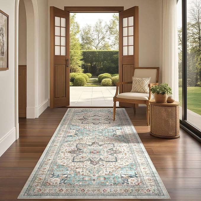 Tortania Area Rug 2x8 Runner Rugs - Washable Vintage Oriental Farmhouse Thin Indoor Carpet for Living Room Bedroom Hallway Entryway Kitchen Under Dining Table Home Office - Aqua Multi