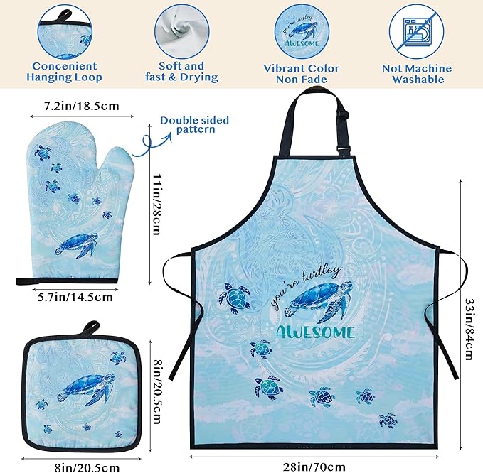 Sea Turtle Gifts for Women,8PCS Coastal Bamboo Cooking Utensil Spoon with Apron Oven Mitt Potholder for Kitchen Decor,Ocean Themed Stuff for Turtle Lovers,Mom,Easter,Housewarming,Birthday Gifts