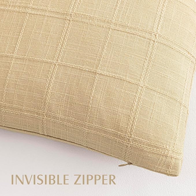 Foindtower Set of 2 Decorative Linen Check Throw Pillow Covers Neutral Farmhouse Vintage Cushion Covers Modern Coastal Boho Home Decor for Sofa Chair Couch Bedroom Living Room,26×26 Inch,Light Yellow