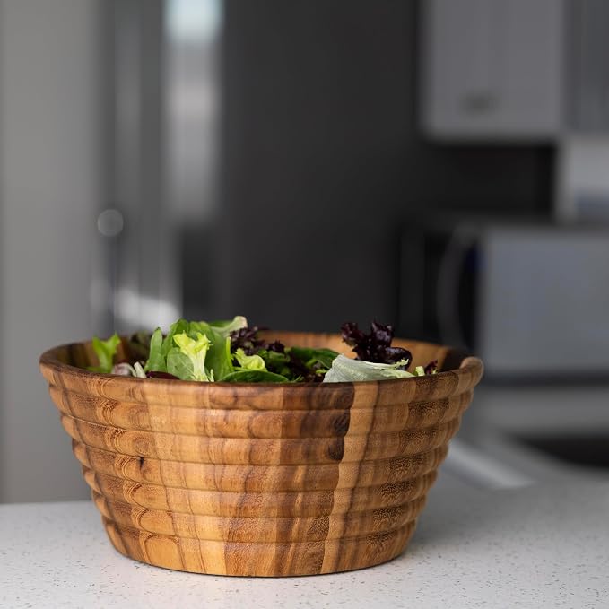 Ironwood Gourmet Acacia Wood Salad Bowl, Large 12" x 5" Beehive Style Fruit and Salad Serving Bowl