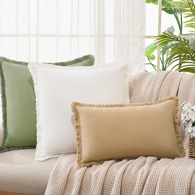 ZWJD Pillow Covers 18x18 Set of 2 Cream Throw Pillow Covers with Fringe Chic Cotton Decorative Pillows Square Cushion Covers for Sofa Couch Bed Living Room Farmhouse Boho Decor