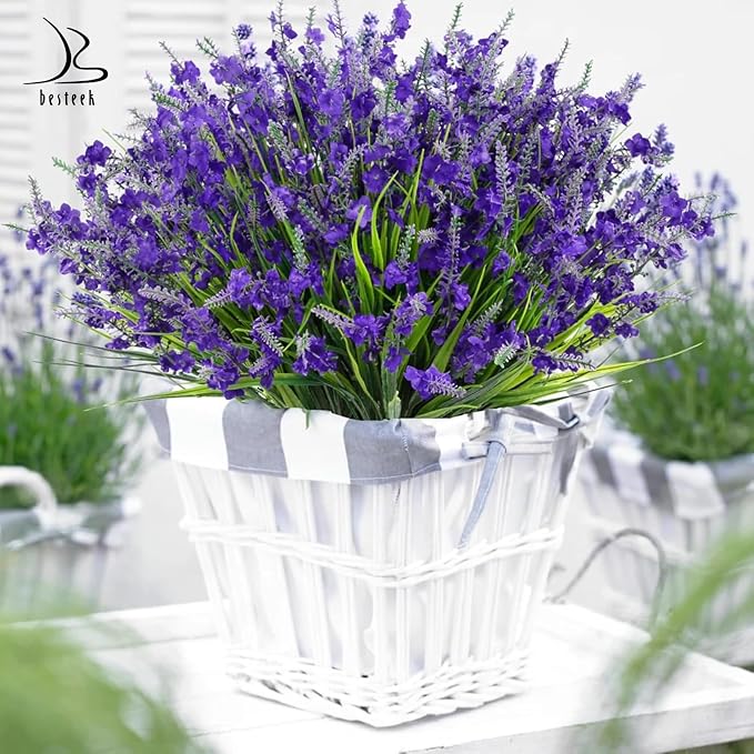 20 Bundles Artificial Lavender Flowers for Outdoors Fake Silk Flowers Faux Plants UV Resistant for Indoor Outside Spring Porch Garden Window Table Box Office Home Decorations, Deep Purple
