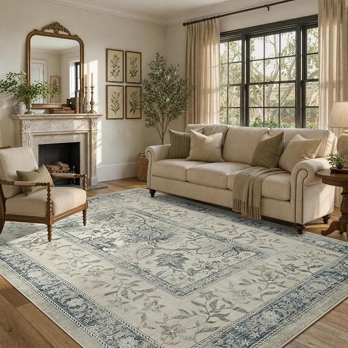 GarveeHome Vintage Blue Area Rug 5x7 Washable Cottage Core Retro Farmhouse Low-Pile Stain Resistant Non-Slip Rugs for Bedroom Living Room Nursery Kitchen Home Office TPE Backing Indoor Decor