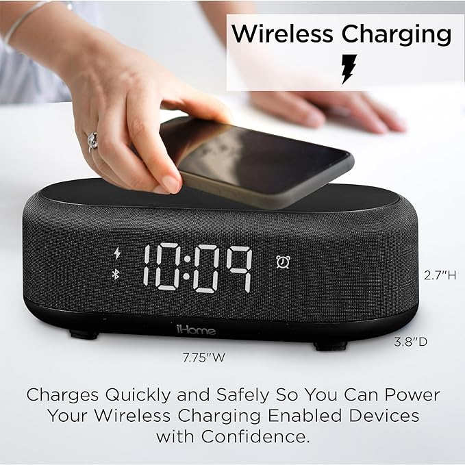 iHome Bluetooth Alarm Clock with Wireless Charger and USB Charging Station, Digital Alarm Clock for Bedrooms, Office, or Dorm (iBTW112)