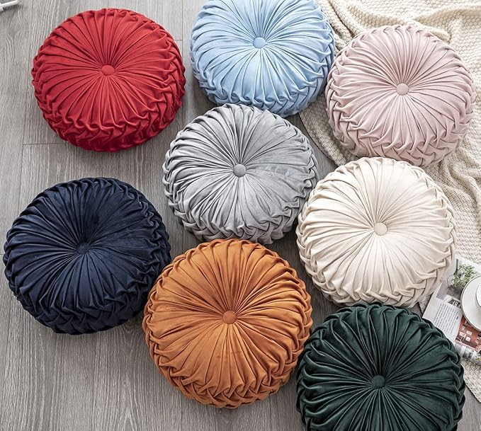 vctops Solid Velvet Seat Cushions Round Floor Pillows Thicken Chair Cushions Pleated Chair Pads Seat Pad Throw Pillows for Bedroom Living Room (Beige,Diameter 14")