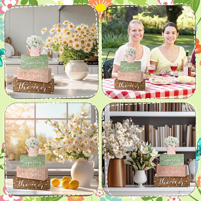 Yalikop 4 Pcs Spring Daisy Table Decorations Spring Tiered Tray Decor Daisy Wooden Block Sign Farmhouse Rustic Table Decor Centerpiece for Party Desk Home