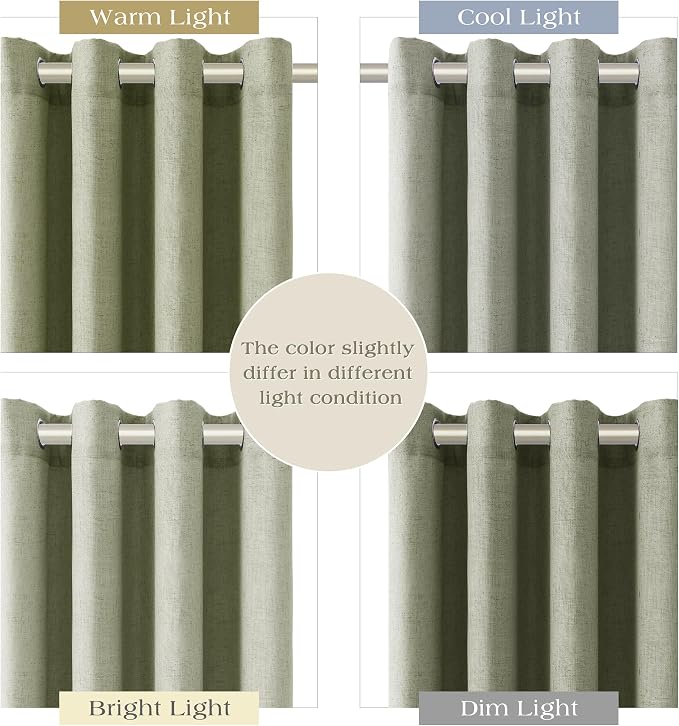 Sage Green Linen Curtains 102 Inch Length for Living Room 2 Panels Set Soft Thick Textured Grommet Design Semi Sheer Light Filtering Window Curtain Drapes Burlap Look Rustic Farmhouse Decor 52x102