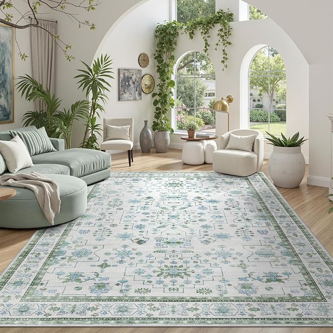 DCX Green 9x12 Rug, Kid & Pet Friendly with Rubber Back Non Slip, Machine Washable Stain Resistant Vintage Boho Floral Rug for Living Room, Bedroom, Soft Low Pile Large Nursery Carpet