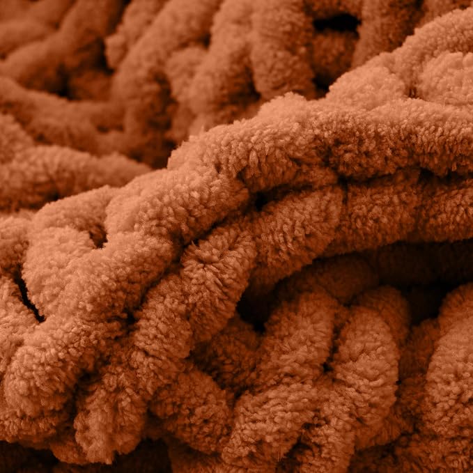 Battilo Fall Chunky Knit Throw Blanket, Soft and Thick Chenille Throw Blanket, 50"x60" Handmade Cable Knit Crochet Blanket, Rust Knitted Throw Blankets for Couch Fall Decoration, Caramel