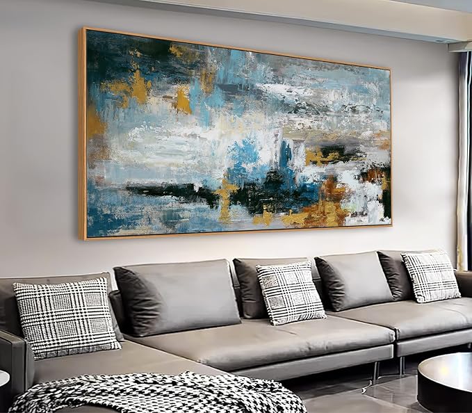 Framed Abstract Wall Art Large Canvas Picture Modern Blue Grey Brown Canvas Painting Artwork Abstract Canvas Prints Wall Decoration for Living Room Bedroom Office Home Wall Decor Ready to Hang 24x48in
