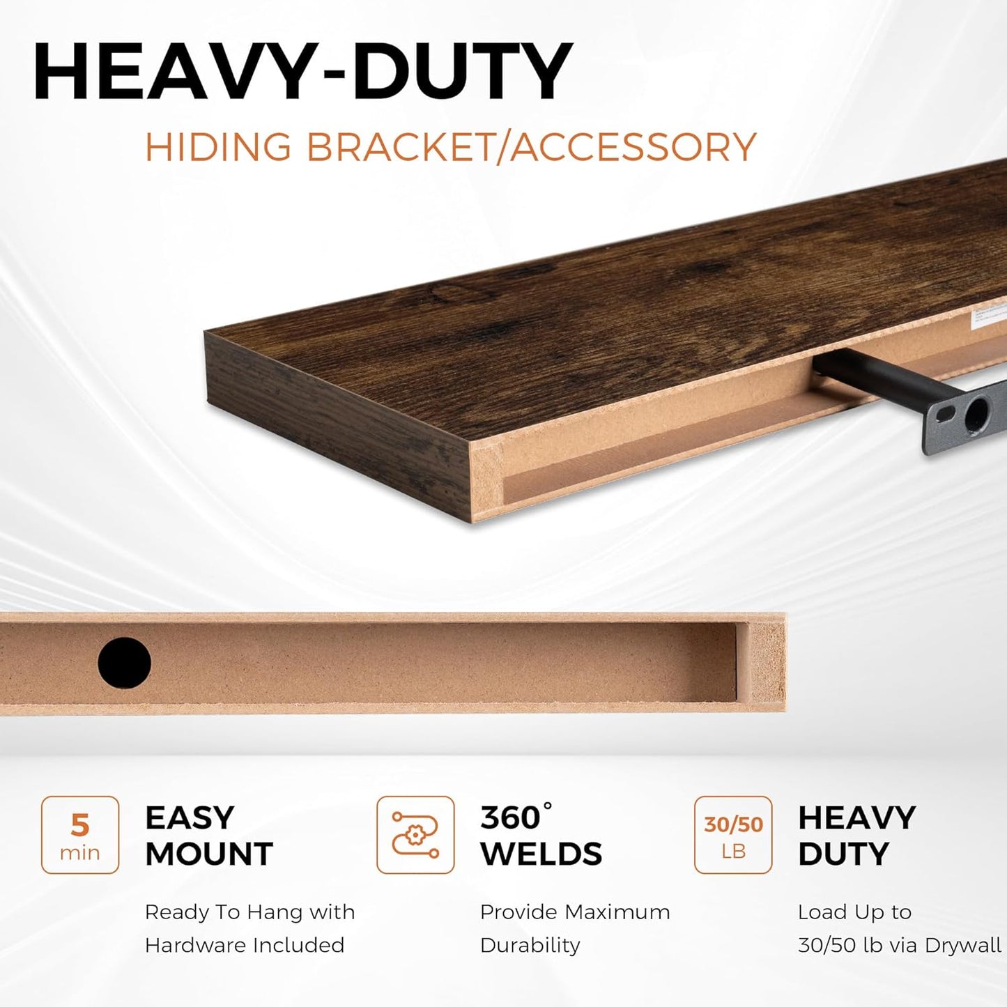 Fun Memories Floating Shelves for Wall, 30" Rustic Wood Deep Wall Mounted Shelves with Invisible Brackets for Decor & Storage, Floating Shelf for Living Room, Bathroom (Rustic Brown, Set of 2)