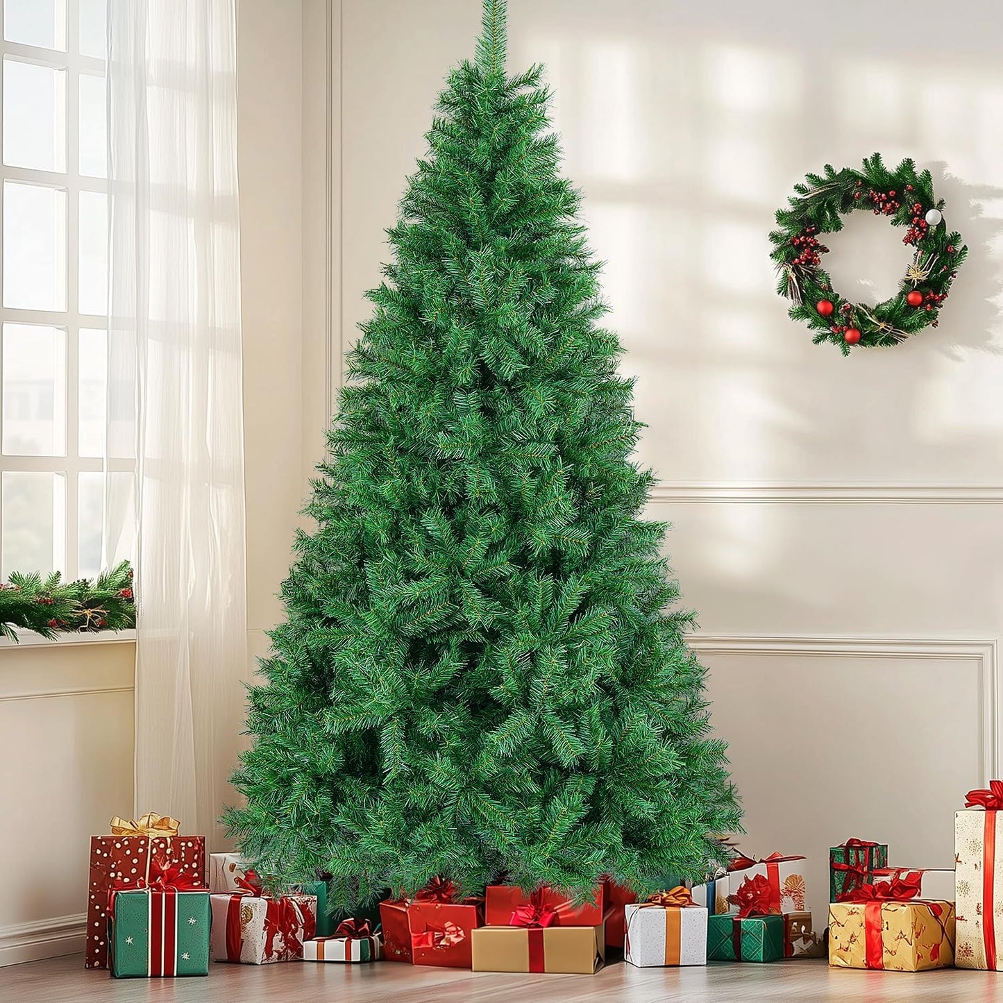 7.5 ft Artificial Christmas Tree with 1300 Branch Tips, Holiday Xmas Tree with Foldable Base and Easy Assembly, Outdoor Christmas Trees for Yard Porch Home Office Party Decoration, Green