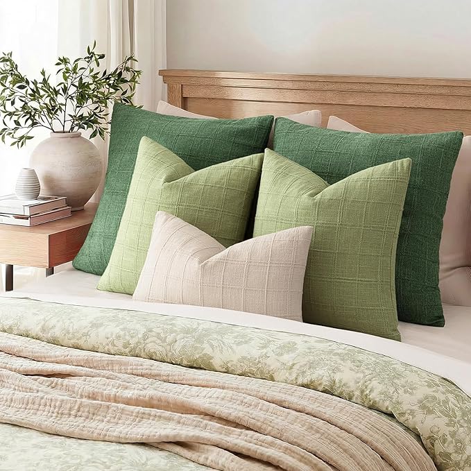 Foindtower Set of 2 Decorative Linen Check Throw Pillow Covers Neutral Farmhouse Lumbar Cushion Covers Modern Boho Accent Home Decor for Sofa Chair Couch Bedroom Living Room,12×20 Inch,Light Green