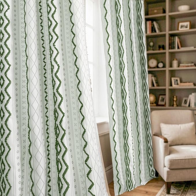 BGment Green Jacquard Curtains with Tufted Pom Stripe Geometric, Boho Linen Pattern Drapes with Grommet for Bedroom Living Room Light Filtering, 52 X 96 Inch, 2 Panels