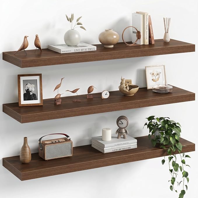Fun Memories 36Inch Floating Shelves for Wall, 8 Inch Deep Shelves for Bathroom|Bedroom|Kitchen, Large Wall Mounted Wood Hanging Shelf with Invisible Brackets for Home Storage Decor, Walnut - 3 Pack