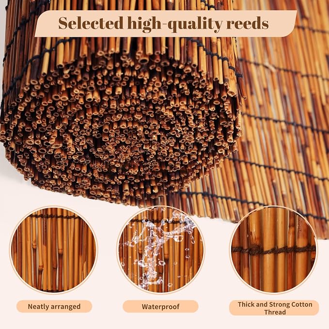 Reed Roller Shades,2 Pcs 48" W x 72" H Waterproof Privacy Screen Bamboo Outdoor Blind, Reed Curtain for Porch, Patio, Yard, Windows (Brown)