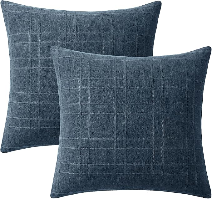 MIULEE Decorative Linen Check Throw Pillow Covers Neutral Farmhouse Vintage Pillow Covers 20x20 Set of 2 Boho Modern Home Decor for Sofa Couch Bedroom Cushion Deep Blue