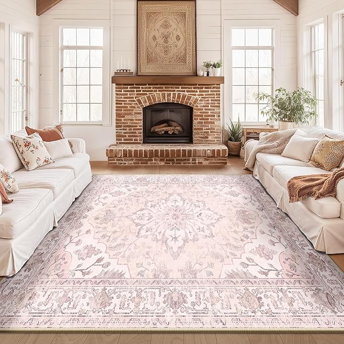 RELEANY Area Rugs 10'x12' Washable Non-Slip, Floral Vintage Distress Print Pattern Medallion Carpet for Living Room Bedroom Dining Room, Pink Greypink Cute