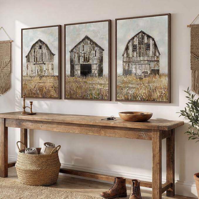 Large Framed Farmhouse Wall Art for Living Room, Set of 3 Vintage Barn Canvas Prints, Rustic Country Wall Decor for Bedroom Dining Room Hallway 20x30 Inch