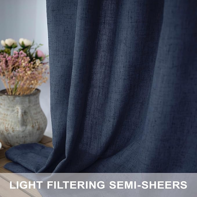 Navy Curtains 38 Inch Wide for Living Room 2 Panels Set Back Tab Rod Pocket Light Filtering Semi Sheer Linen Skinny Small Dark Blue Curtain for Windows Bedroom Closet Doors Nautical Width 38 x 96 Long