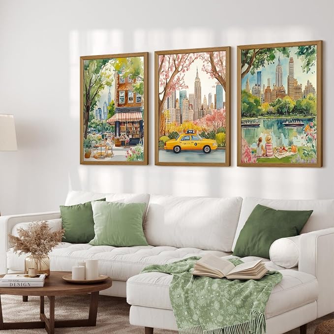 Watercolor New York City Wall Art Nyc Canvas Wall Decor Nyc Painting New York Landmarks Poster Travel Wall Art Central Park Artwork for Bedroom Living Room 16x24x3 Inch Wood Framed
