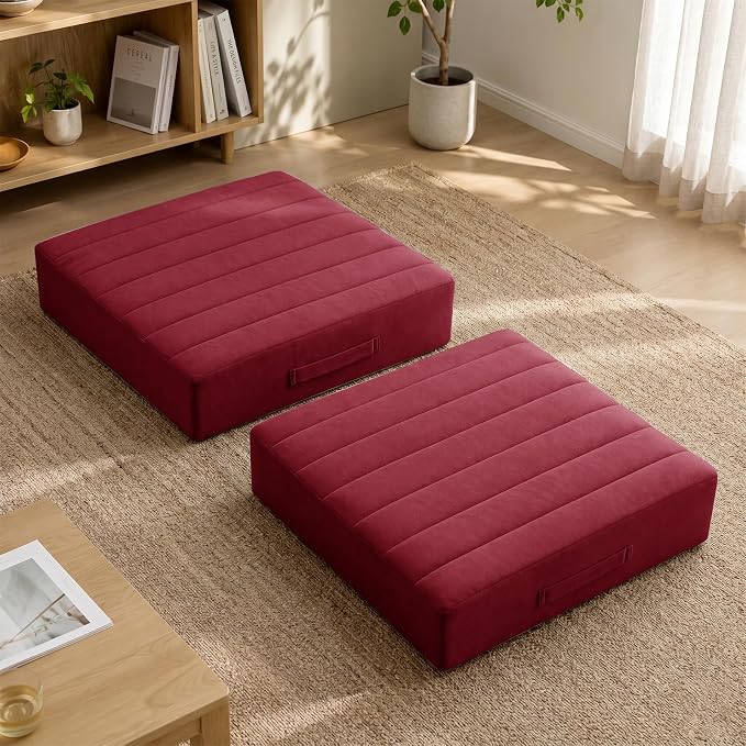 JKMAX 2 Pcs High Density Foam Floor Pillow - Upgraded Large Pillows Seating for Adults - Outdoor Floor Cushion with Soft Tufted Cover - Yoga Pillows for Sitting On Floor - 22 Inch Burgundy