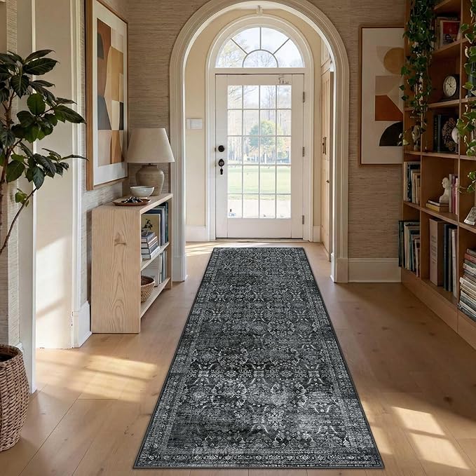 Rugxara 2x6 Runner Rug, Washable Kitchen Rugs, Black Boho Vintage Floral Hallway Runner, Non Slip Low Pile Area Rug Carpet for Indoor Hallway, Kitchen, Laundry Room and Bathroom(Black 2x6ft)