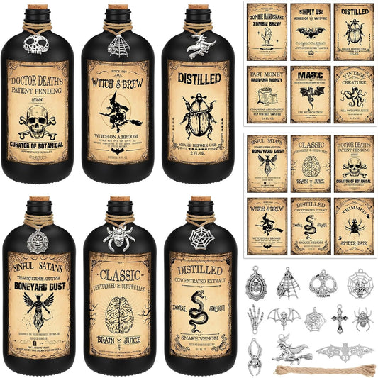 Uiifan 31 Pcs Halloween Potion Bottles Set Including Glass Apothecary Bottles with Cork Stickers and Pendants Halloween Decorations Indoor Party Supplies(Black,16 oz)
