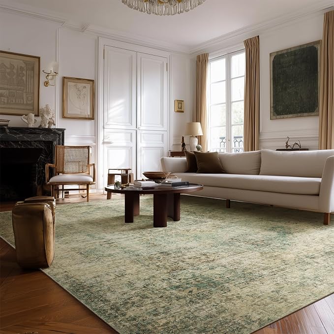 Machine Washable Rugs for Living Room: 8x10 Area Rugs for Bedroom Ultra Soft Non-Slip Low Pile Vintage Distress Boho Large Carpet for High-Traffic Dining Room - Farmhouse Decor