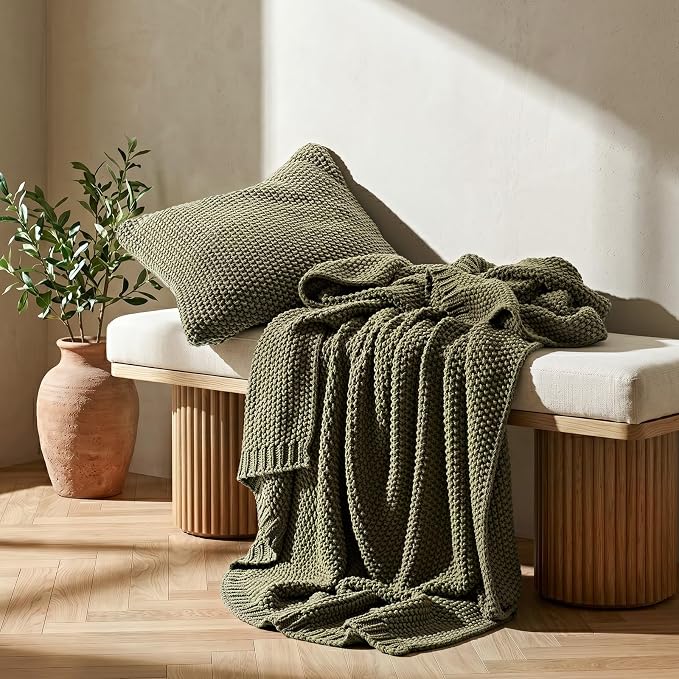 EverGrace Organic Cotton Chunky Knit Throw Blanket, 50 x 60 Olive Green | OCS Certified Organic Cotton, Seed Stitch Knit, Soft & Breathable, Cozy Midweight, Decorative Throw for Couch, Bed & Sofa