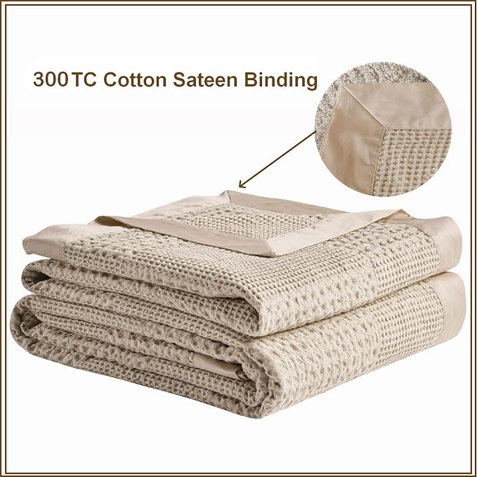 Meadow Park Cotton Waffle Blanket with Sateen Binding - Full/Queen Size - Lightweight and Breathable - Taupe Color