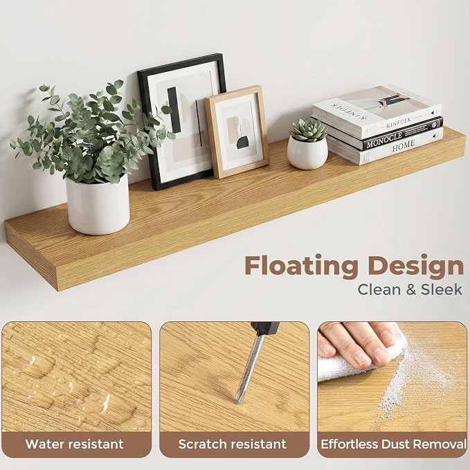 40 Inch Floating Shelves for Wall, 8"D Wood Storage Shelves, Oak Finish | Engineered Wood, Invisible Bracket, Large Storage, Easy Install, Hold Up to 66lbs, Living Room, Bathroom, Bedroom, Kitchen