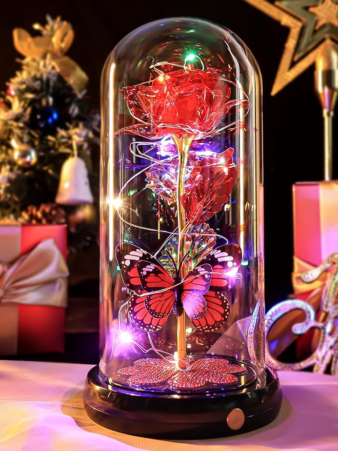 Mothers Day Rose Gifts for Mom Birthday Gift, Rechargeable Galaxy Glass Rose in Glass Dome Eternal Crystal Flower Butterfly Gift Mother's Day Flowers Gifts for Women Mom Wife Grandma Daughter Red