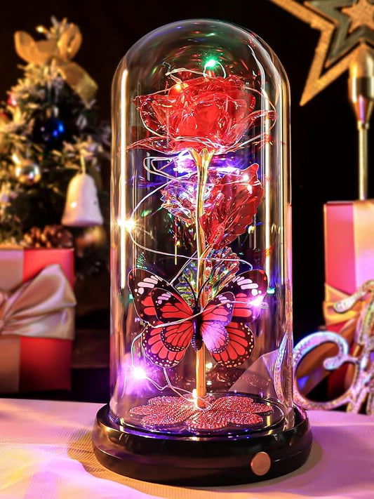 Mothers Day Rose Gifts for Mom Birthday Gift, Rechargeable Galaxy Glass Rose in Glass Dome Eternal Crystal Flower Butterfly Gift Mother's Day Flowers Gifts for Women Mom Wife Grandma Daughter Red