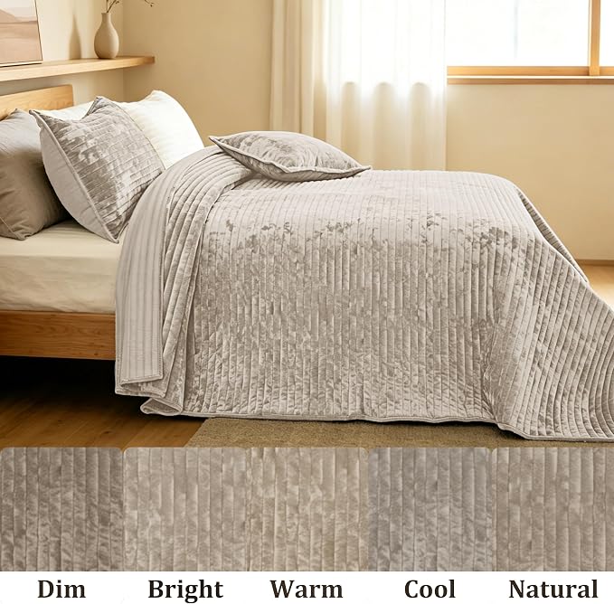 Luxury Velvet Oversized King 120x120 in Quilt Set 3 Piece Quilted Bedspread with 2Pillow Shams(20x36) Ultra Soft Coverlet All Season Bedding for Farmhouse Modern Bedroom Sofa,Beige