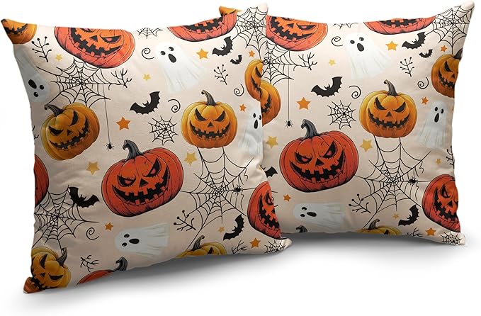Halloween Pillow Covers 20x20 Set of 2 Jack-O-Lantern Bat Spider Web Ghost Throw Pillow Covers Horror Pumpkin Pillowcase Holiday Decor Cushion Case for Party Outdoor Sofa