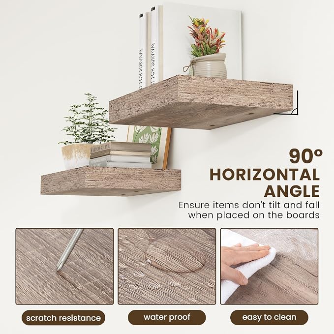 FLYJOE 12 Inch Deep Floating Shelves, 16'' Grey Floating Shelves Set of 2 | 12'' Deep Shelves for Wall, 16'' x 12'' Rustic Grey Wood Shelves for Farmhouse Living Room Bathroom Kitchen Laundry Room