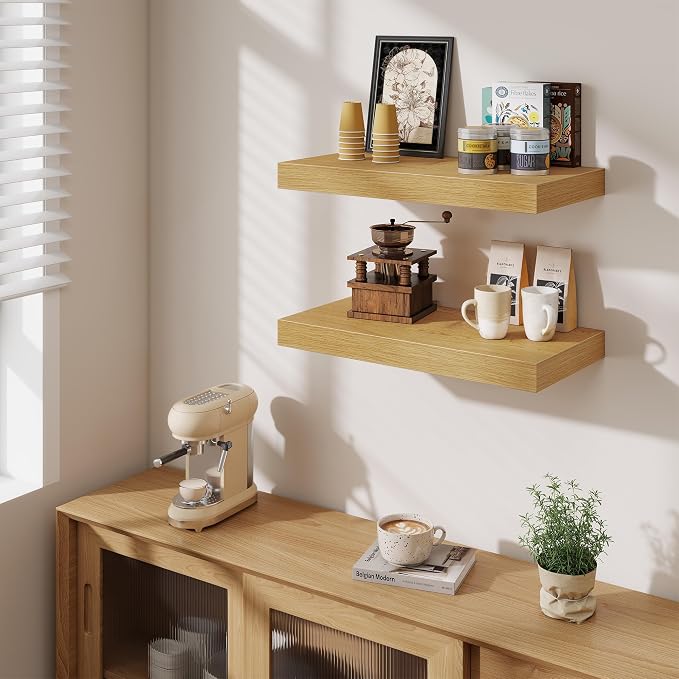 Fun Memories 24 Inch Floating Shelves Wall-Mounted, 12 Inch Deep Wall Shelves, 24 x 12 Floating Shelf, Deep Storage Shelf for Living Room Bathroom Bedroom, Oak, Set of 2