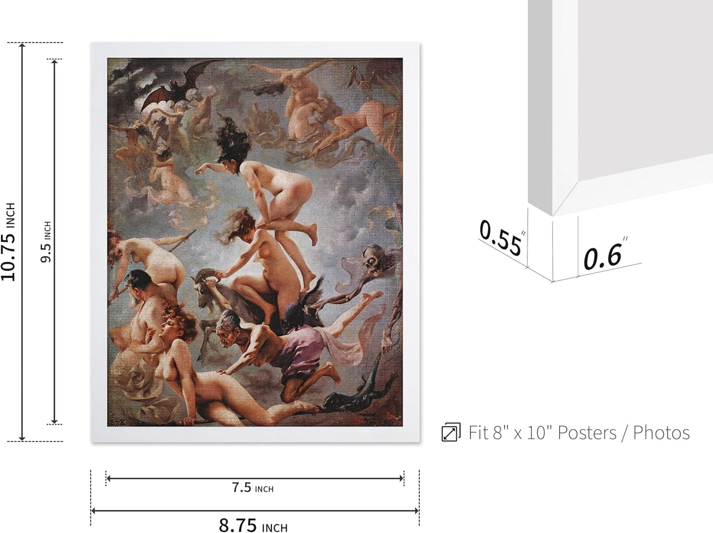 Poster Master Vintage Luis Ricardo Falero Poster - Retro Occult Print - Gift for Gothic, Horror Fan - Witches Going to their Sabbath, Pagan - Wall Decor for Bedroom, Dorm, 8x10 White Framed