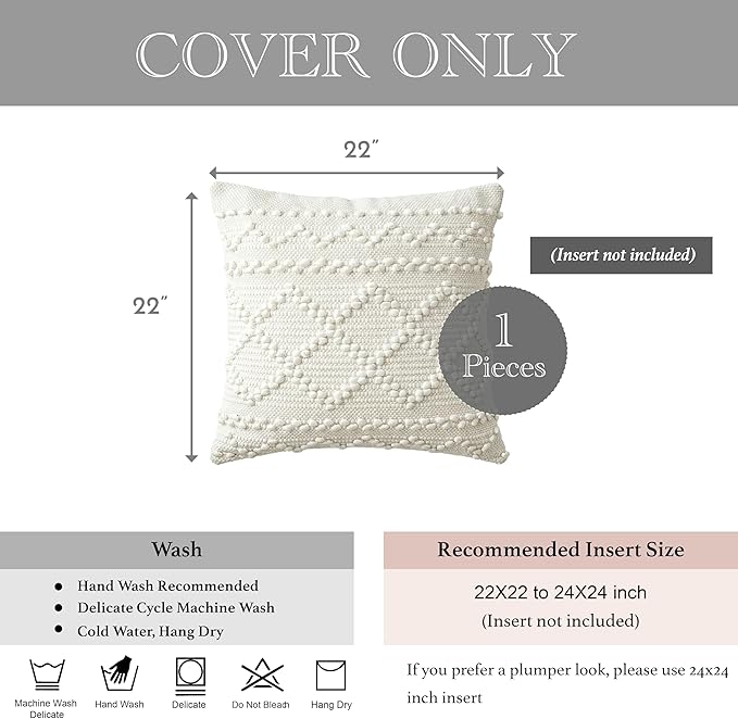 BlissBlush Pure White Decorative Throw Pillow Cover 22X22, Boho Accent Pillow for Couch, Square Modern Farmhouse Pillowcase for Living Room Couch Sofa Cushion Home Décor (Pack of 1)