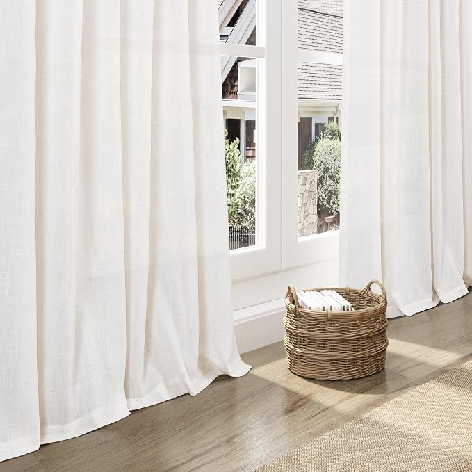 Ivory White Linen Curtains for Living Room 105 Inches Long Light Filtering Semi Sheer Curtain Back Tab Rustic Luxury Neutral Modern Farmhouse Decor Drapes for Bedroom Dinner Room 52x105, 2 Panels
