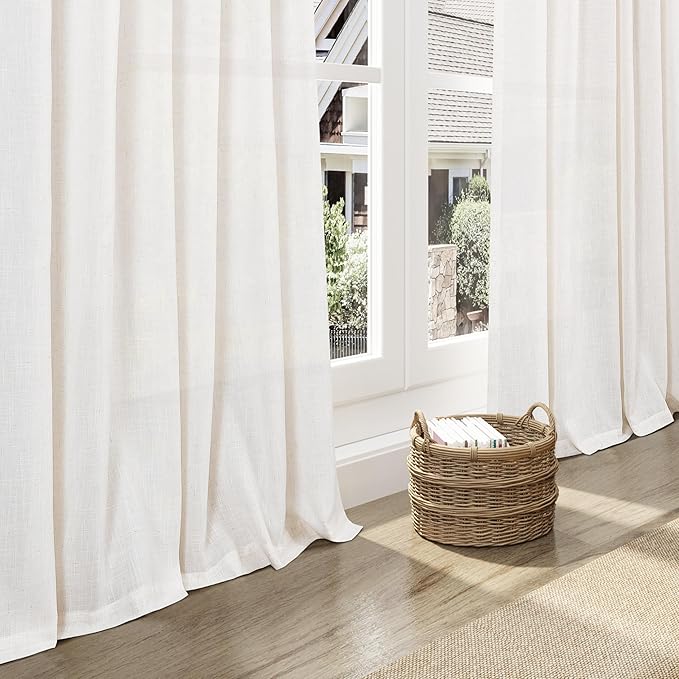 Ivory White Linen Curtains for Living Room 94 Inches Long Light Filtering Semi Sheer Curtain Back Tab Rustic Luxury Neutral Modern Farmhouse Decor Drapes for Bedroom Dinner Room 52x94, 2 Panels
