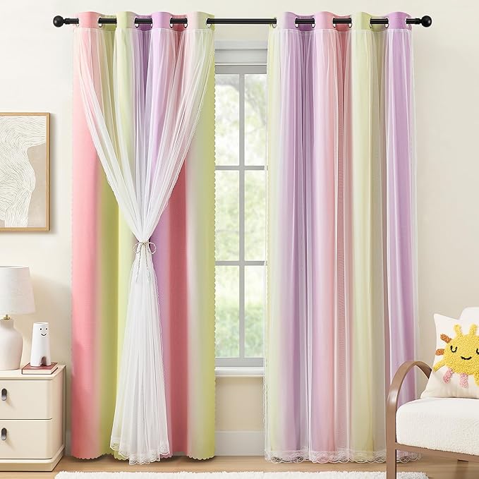 XiDi Blackout Curtains with Sheer Overlay for Girls Bedroom Double Layer Curtains for Kids Nursery Room Darkening Rainbow Princess Unicorn Wall Decals Pink Yellow Purple Grommet Top 2 Panels W34xL63
