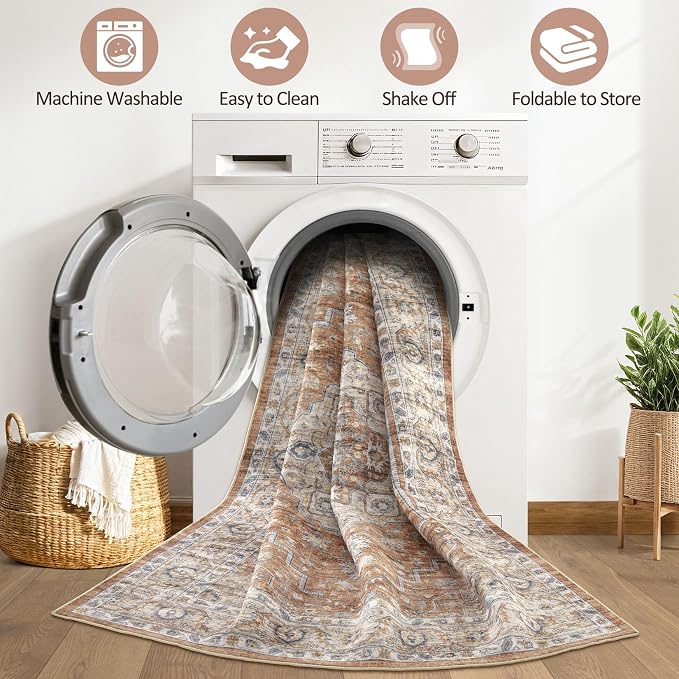 6x8 Area Rug Living Room: Washable Boho Large Neutral Vintage Soft Rug Stain Resistant Farmhouse Non-Slip Indoor Floor Carpet for Bedroom Nursery Kids Playroom Office Dining Room- Terracotta