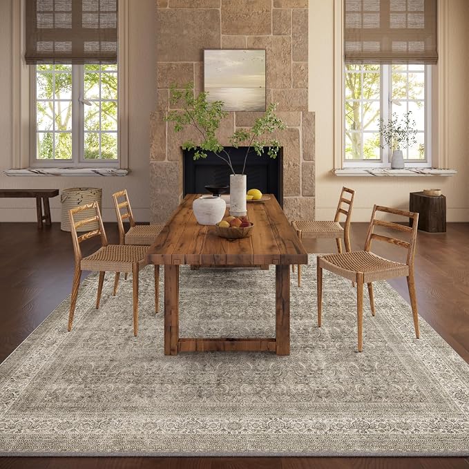 Washable Area Rugs for Living Room: 9x12 Bedroom Rug Boho Vintage Area Rug Stain Resistant Non Slip Low Pile Lightweight Soft Carpets for Dining Room Kitchen Nursery Kids Room Farmhouse