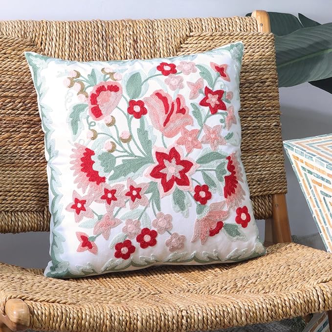 Set of 2 Embroidered Decorative Throw Pillow Covers Couch Square Pillowcases Cushion for Bedroom Sofa Farmhouse Decor 18x18 Inch (Angel Flower)