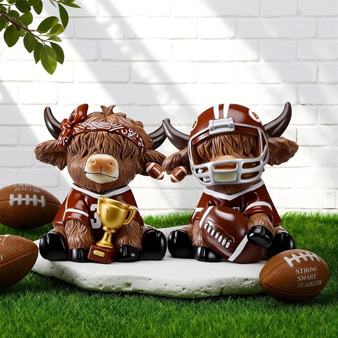 Wesiti 2 Pcs Football Highland Cow Figurines Resin Sport Ornament Set, Cute Bull Statue with Helmet and Trophy, American Football Fan Gifts for Players Coaches Team Table Decor