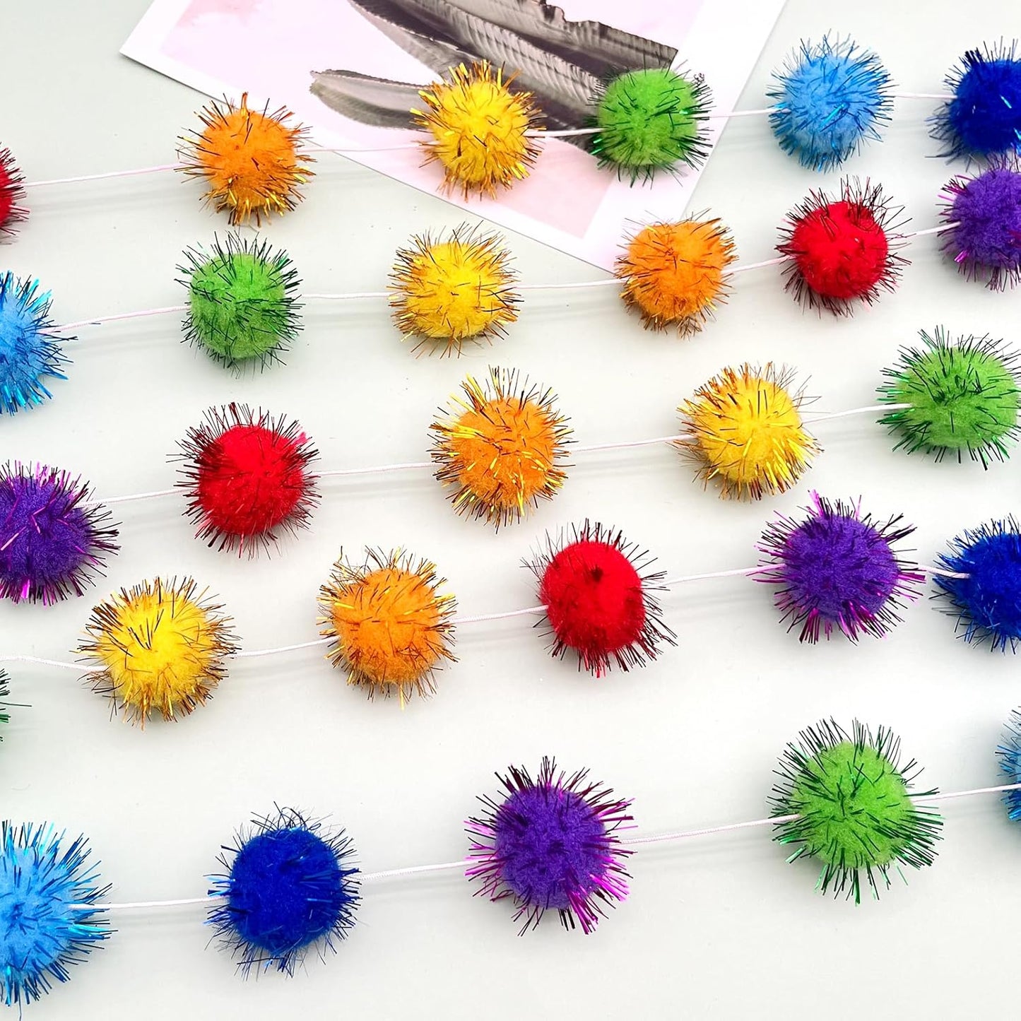 4pack Rainbow Glitter Pom Pom Garland Decorations, Christmas Felt Ball Garland for Mantle, Indoor Home Decor, Tree Ornaments, Kids Room and Party Hanging