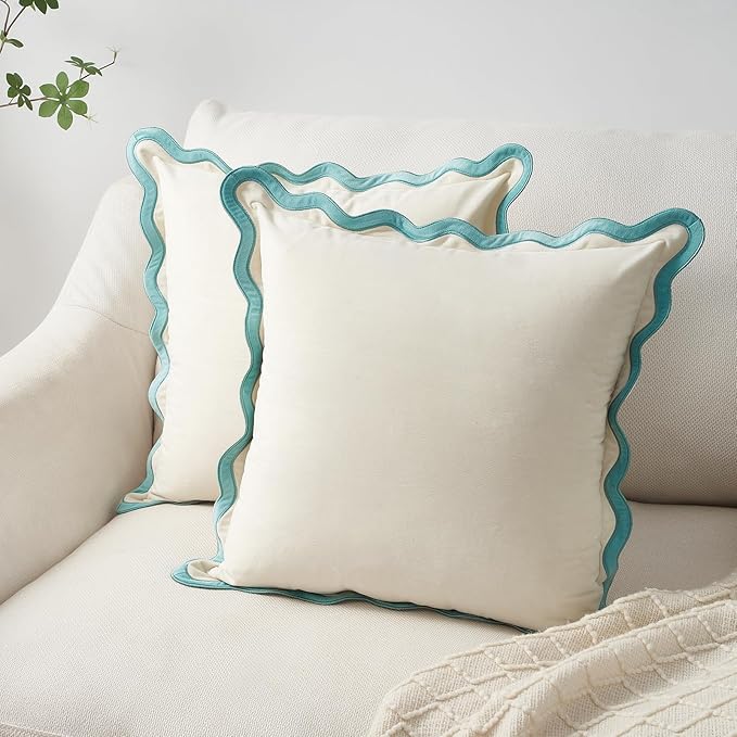 MONDAY MOOSE Decorative Throw Pillow Covers Cushion Cases, Set of 2 Soft Velvet Scalloped Wavy Edge Designs, Mix and Match for Home Decor, Pillow Inserts Not Included (16x16 inch, White/Light Blue)